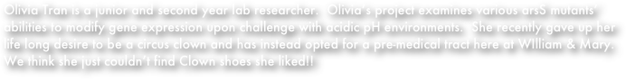 Olivia Tran is a junior and second year lab researcher.  Olivia’s project examines various arsS mutants’ 
abilities to modify gene expression upon challenge with acidic pH environments.  She recently gave up her life long desire to be a circus clown and has instead opted for a pre-medical tract here at WIlliam & Mary.
We think she just couldn’t find Clown shoes she liked!!
