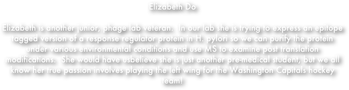 Elizabeth Do

Elizabeth is another junior, phage lab veteran.  In our lab she is trying to express an epitope tagged version of a response regulator protein in H. pylori so we can purify the protein under various environmental conditions and use MS to examine post translation modifications.  She would have usbelieve she is just another pre-medical student, but we all know her true passion involves playing the left wing for the Washington Capitals hockey team!